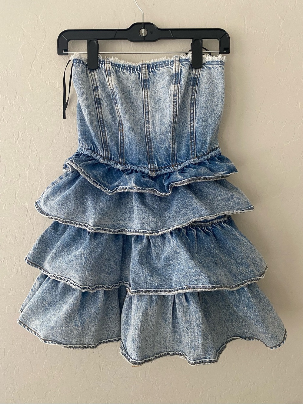 Forever 21 Acid Wash Denim Tiered Ruffle Strapless Mini Dress Bustier Medium